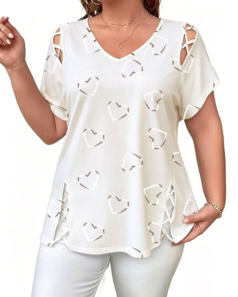 T-Shirt Motif Cœur Ajouré Manches Courtes