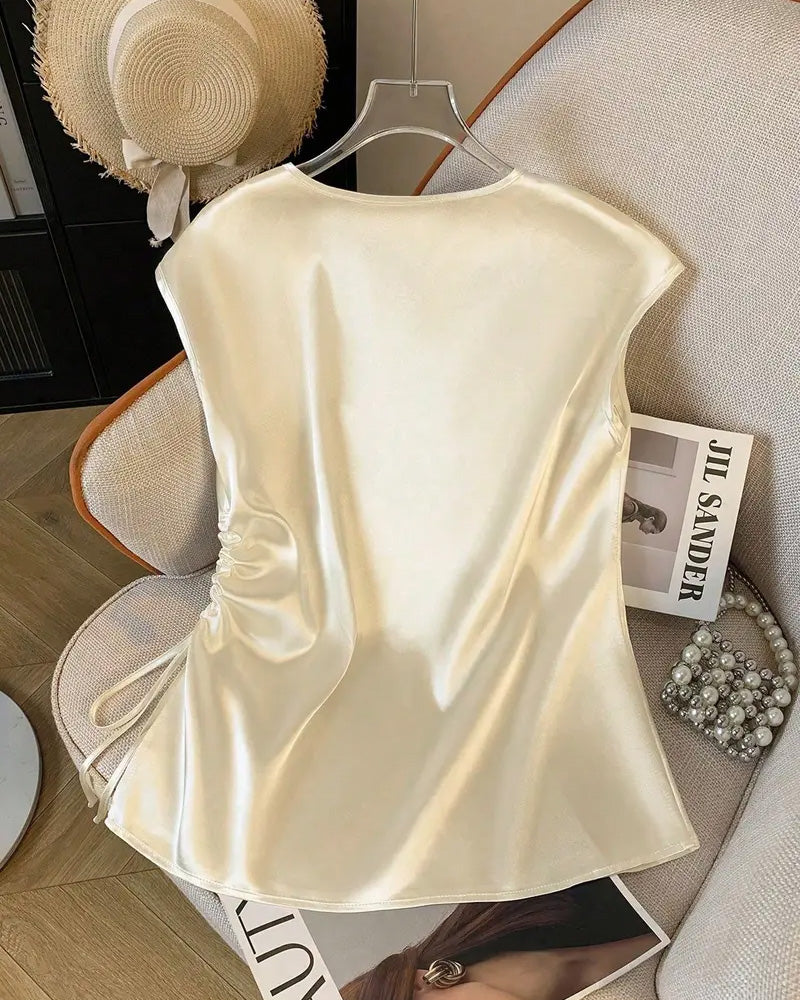 Blouse Sans Manches Col V À Cordon