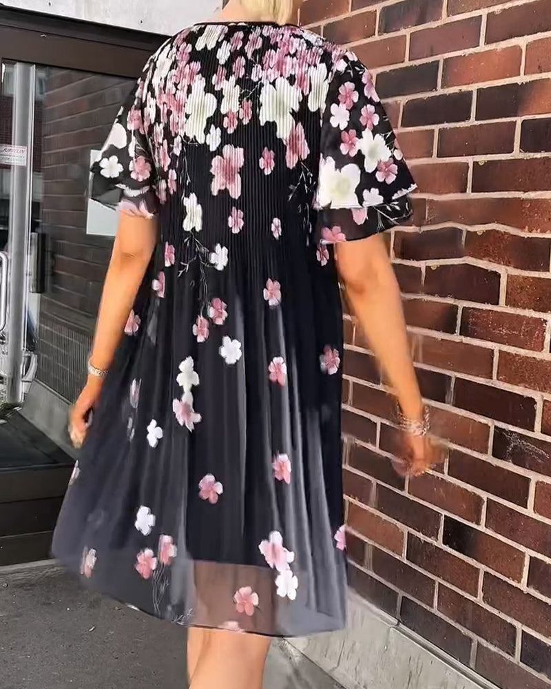 Robe Volant Manche-Courte Florale Plissée