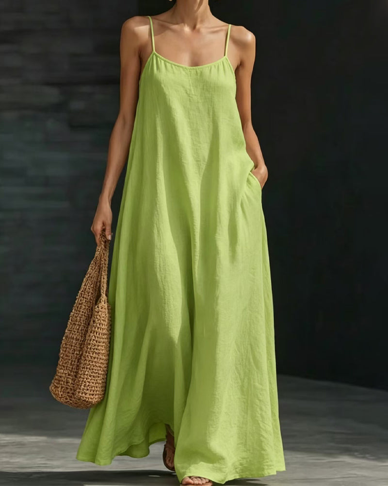 Robe Couleur Unie Bretelles Spaghetti Poche Longue