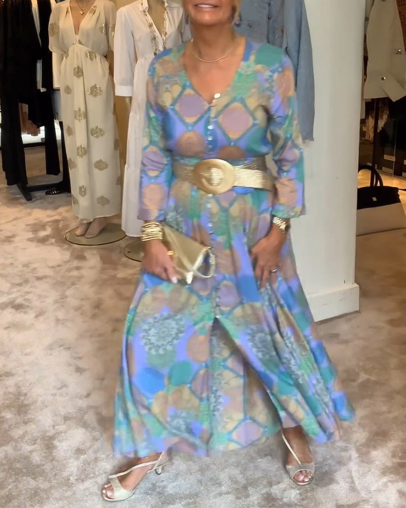 Robe à manches longues fendue boutonnée imprimée vintage