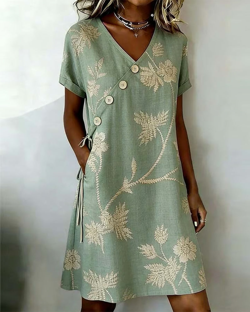 Robe Bouton Diagonal Imprimé Col V Midi