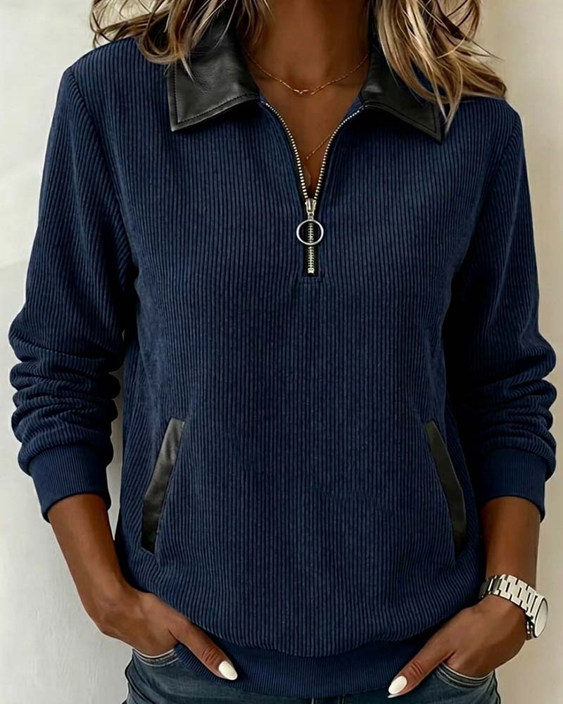 Sweatshirt Revers Fermeture Éclair Manche Longue