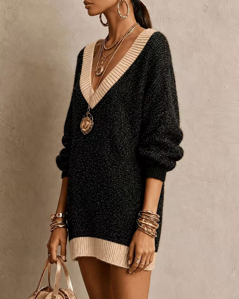 Robe Col En V Manches Longues Ample Tricoté Pull