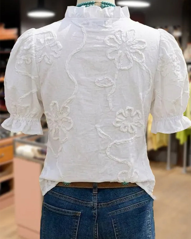 Blouse Col En V Bordure Volantée Manche Bouffante