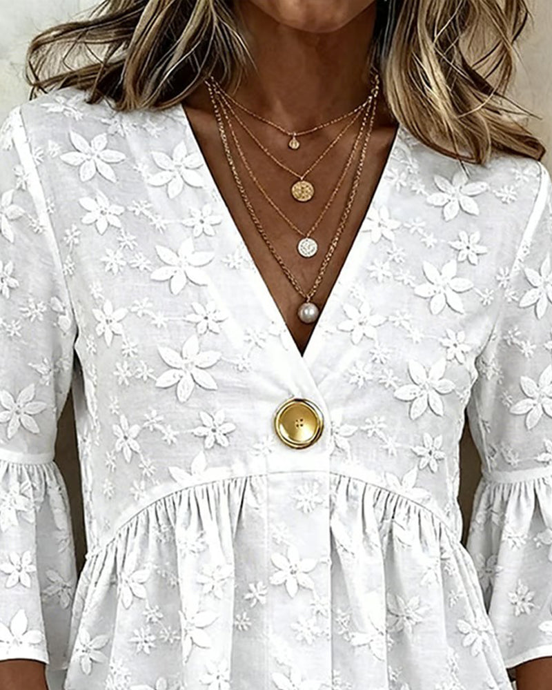 Blouse Col V Manche Évasée Taille Cintrée