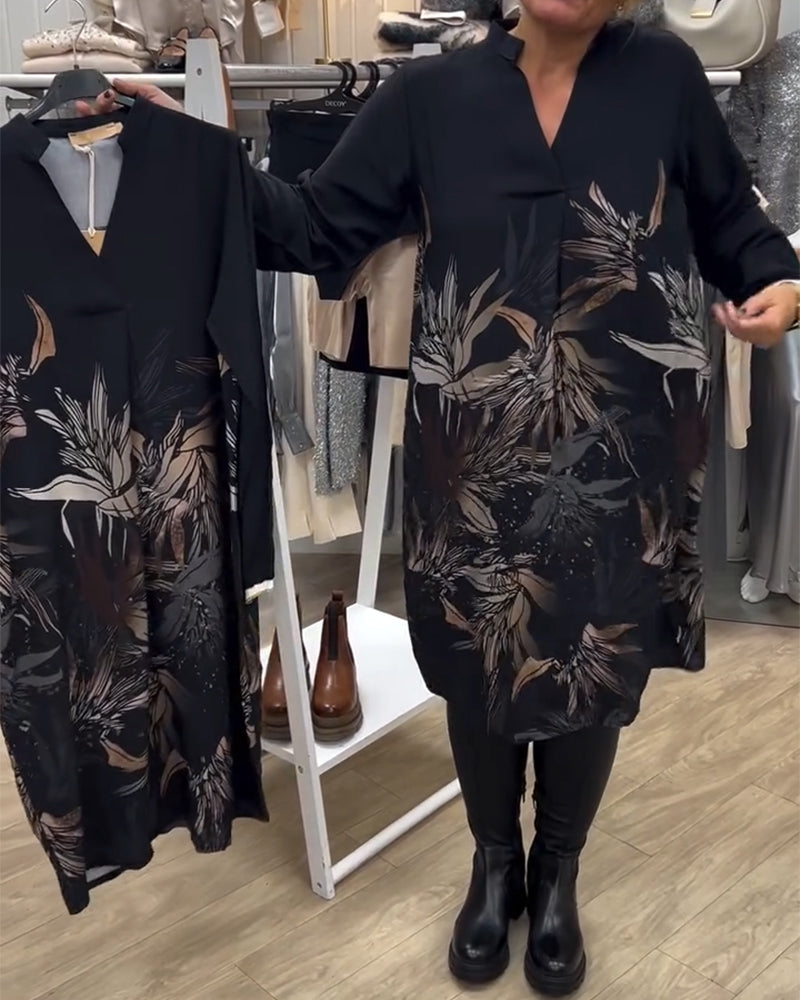 Robe Col V Imprimé Feuilles Manches Longues