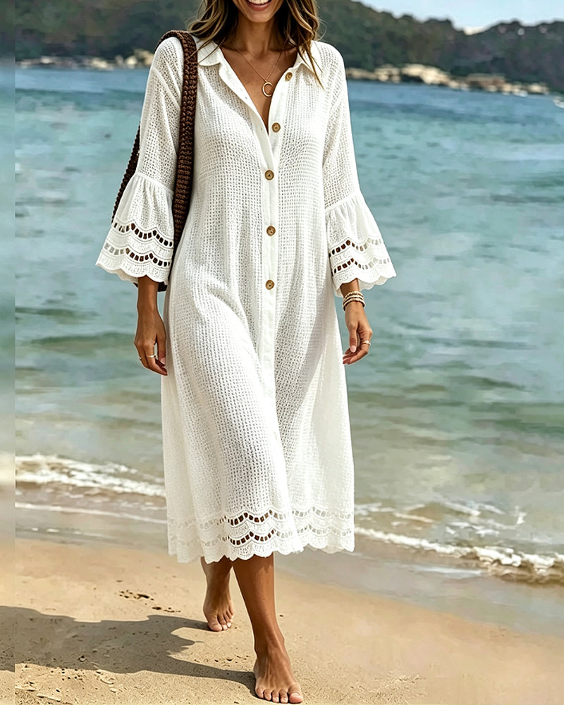 Robe Col Chemise Bouton Dentelle Patchwork