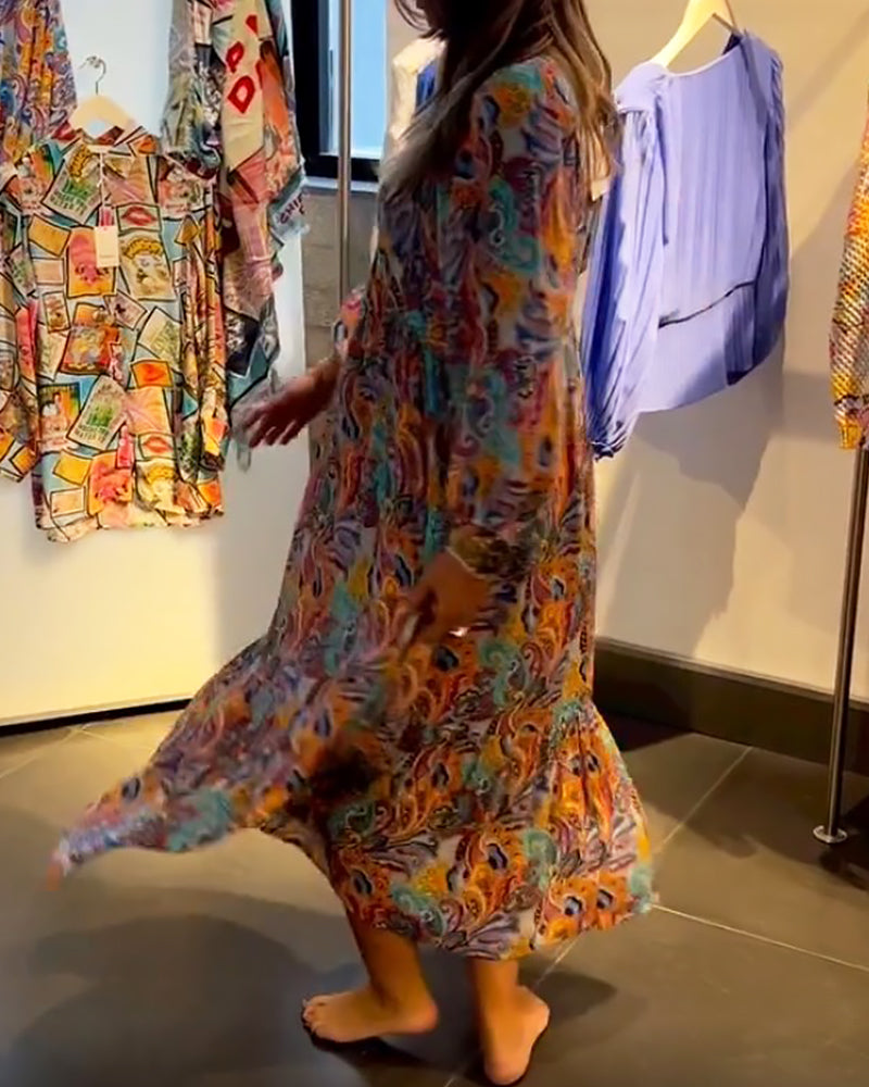 Robe longue trapèze imprimée à col en V