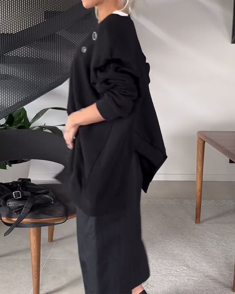 Sweat-shirt décontracté à col rond et fente de couleur unie