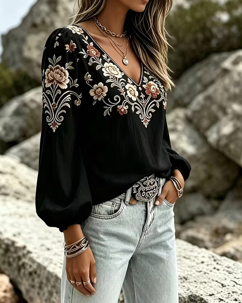 Blouse Col V Florale Décontractée