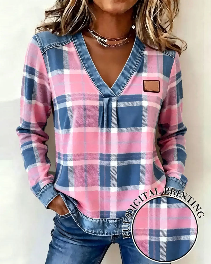 Haut Col En V À Carreaux Denim Patchwork
