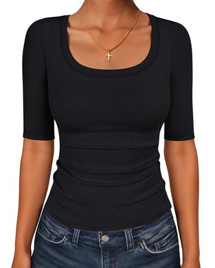 T-Shirt Ajusté Col En U Manches Mi-Longues