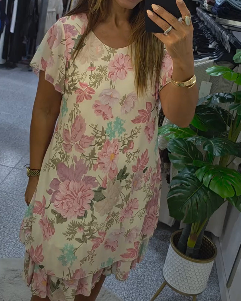 Robe Col Rond Florale Double Couche