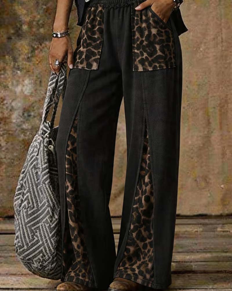 Pantalon Imprimé Léopard Large Patchwork Décontracté
