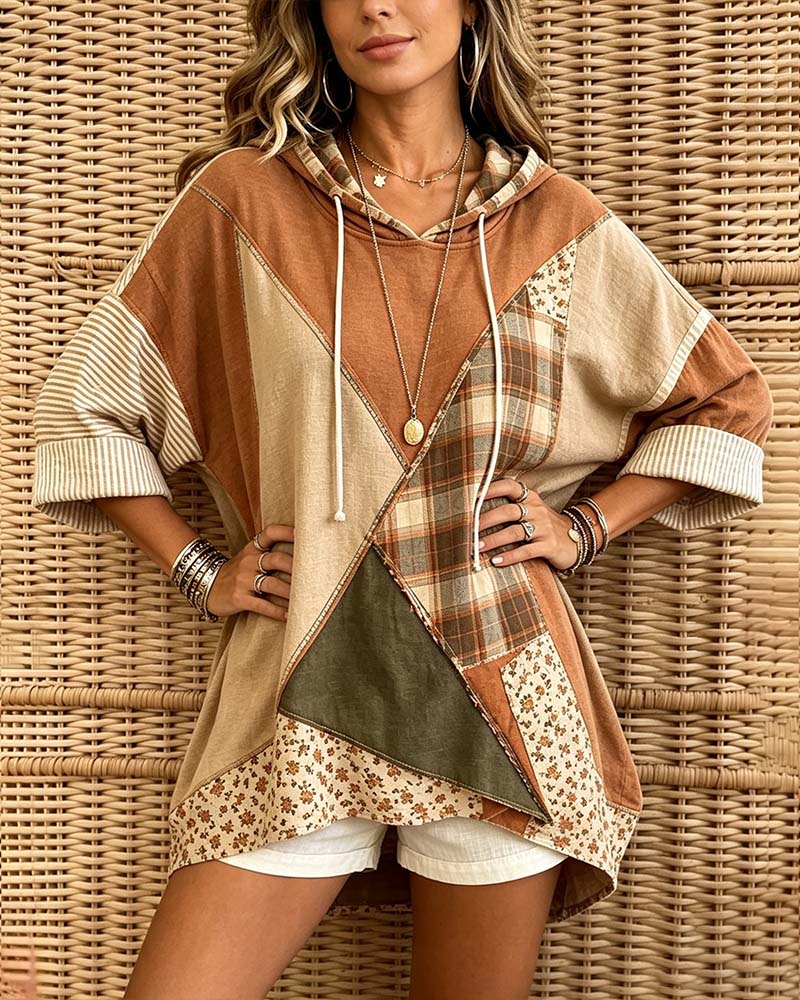 Hoodie Carreau Rayure Florale Patchwork