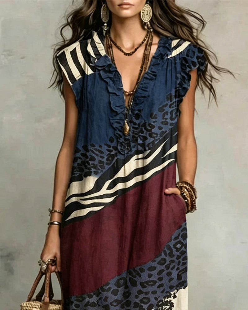 Robe Col En V Volant Motif Patchwork