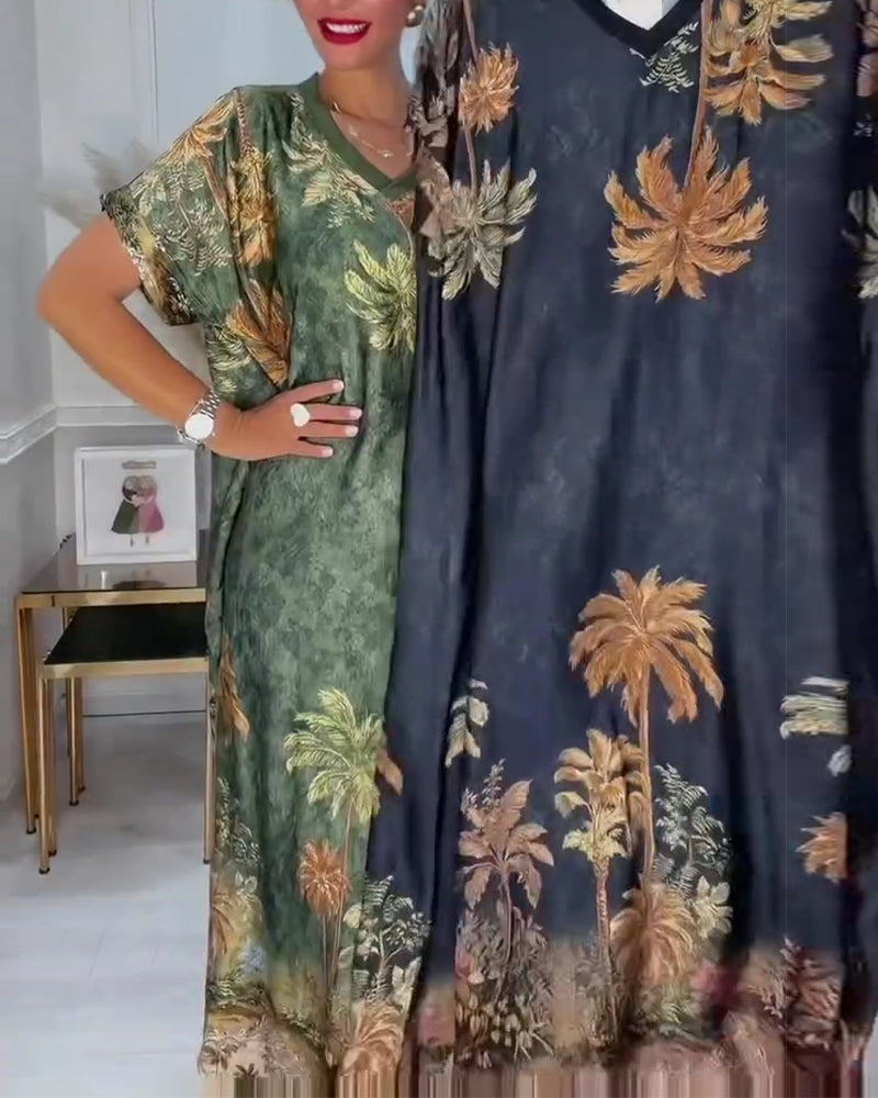 Robe Col En V Palmier Imprimé Manches Courtes Longue