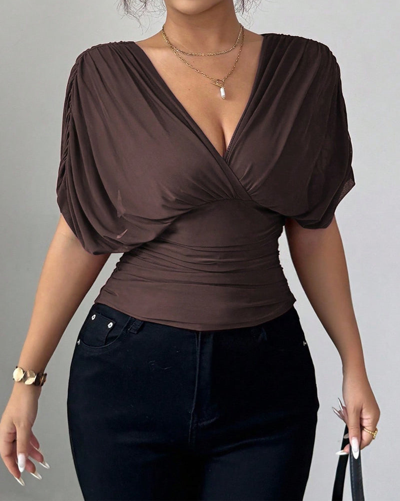Blouse Unie Profond Col En V Taille Manches Courtes