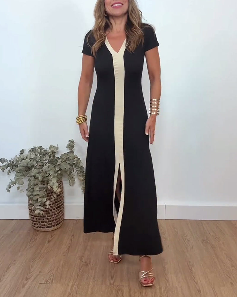 Robe élégante fendue à col en V et imprimé contrasté
