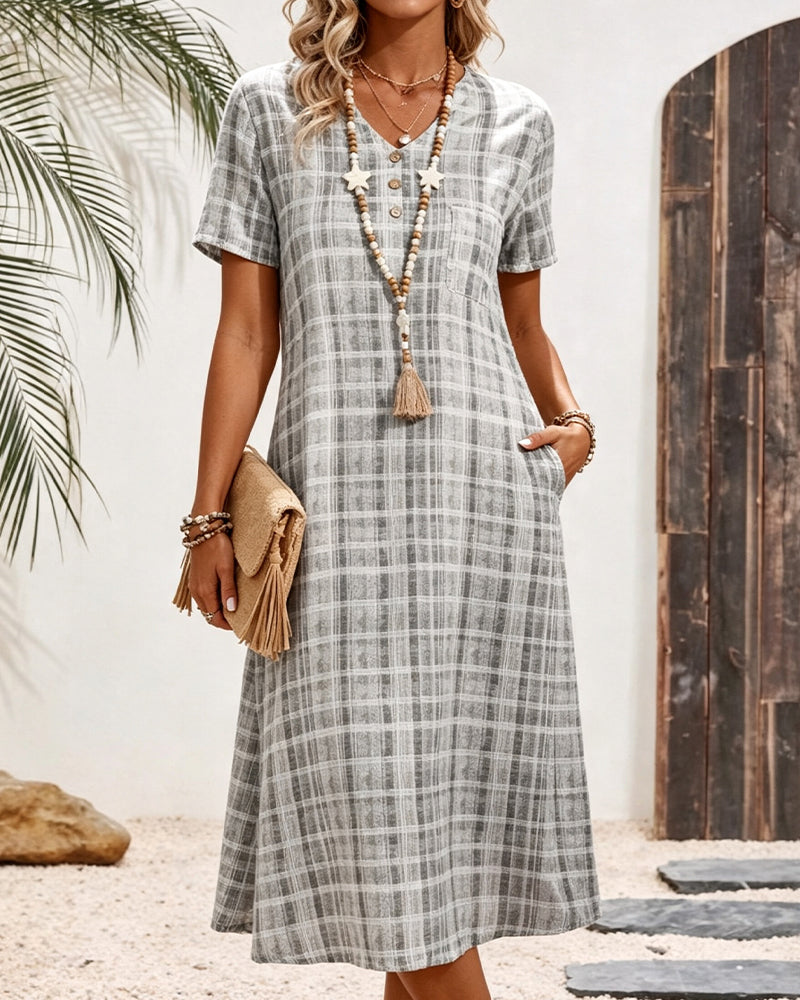 Robe Col V Bouton Carreau Poche