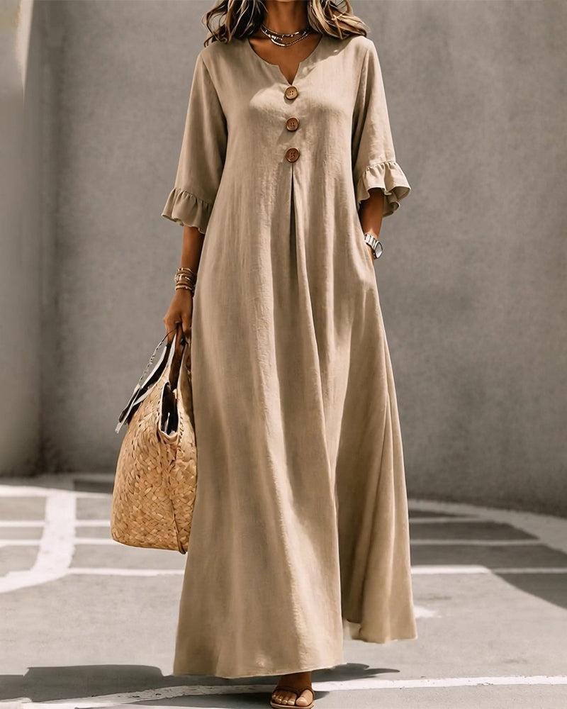 Robe Col En V Bouton Volant Jupe Ample