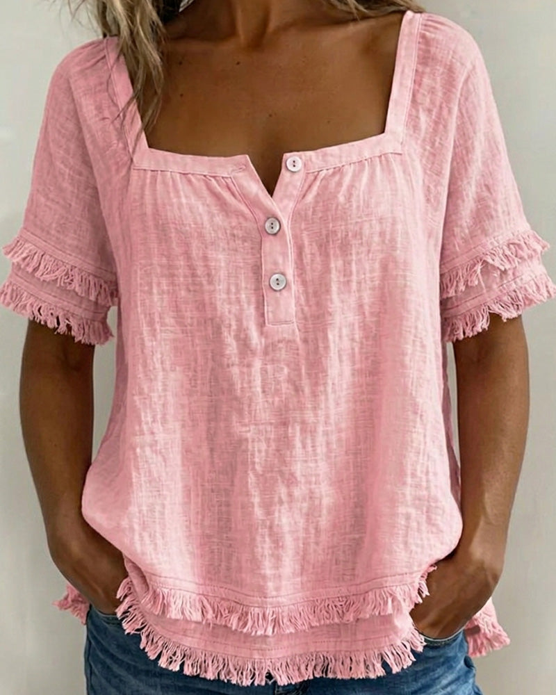 Blouse Col Carré Demi-Patte Frange
