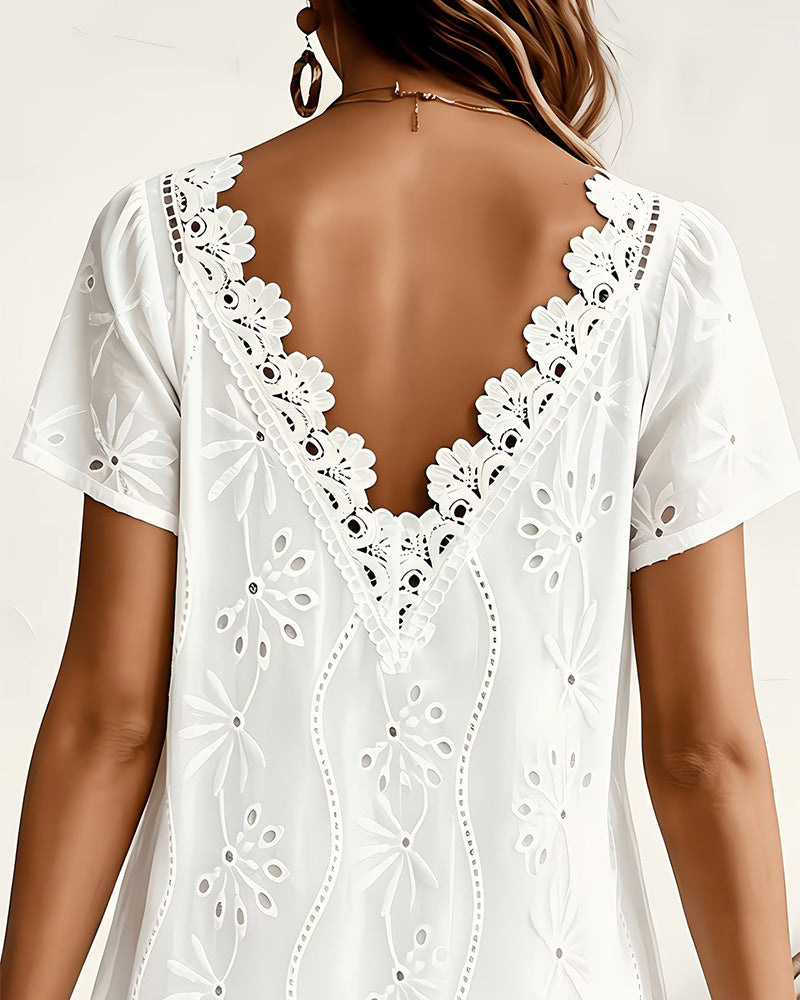Robe Col V Dentelle Découpée Dos Nu