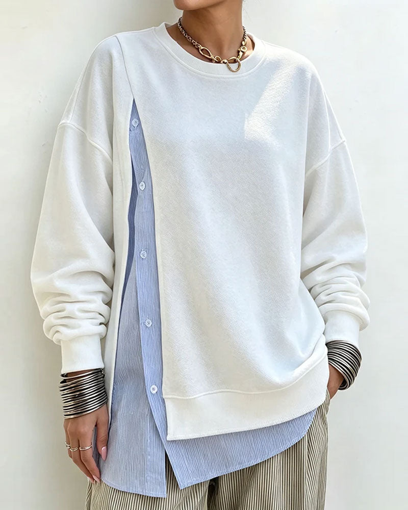 Sweatshirt Fausse Superposition Patchwork Col Rond