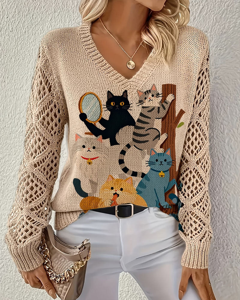 Pullover Col En V Évidé Dessin Animé Chat Imprimé