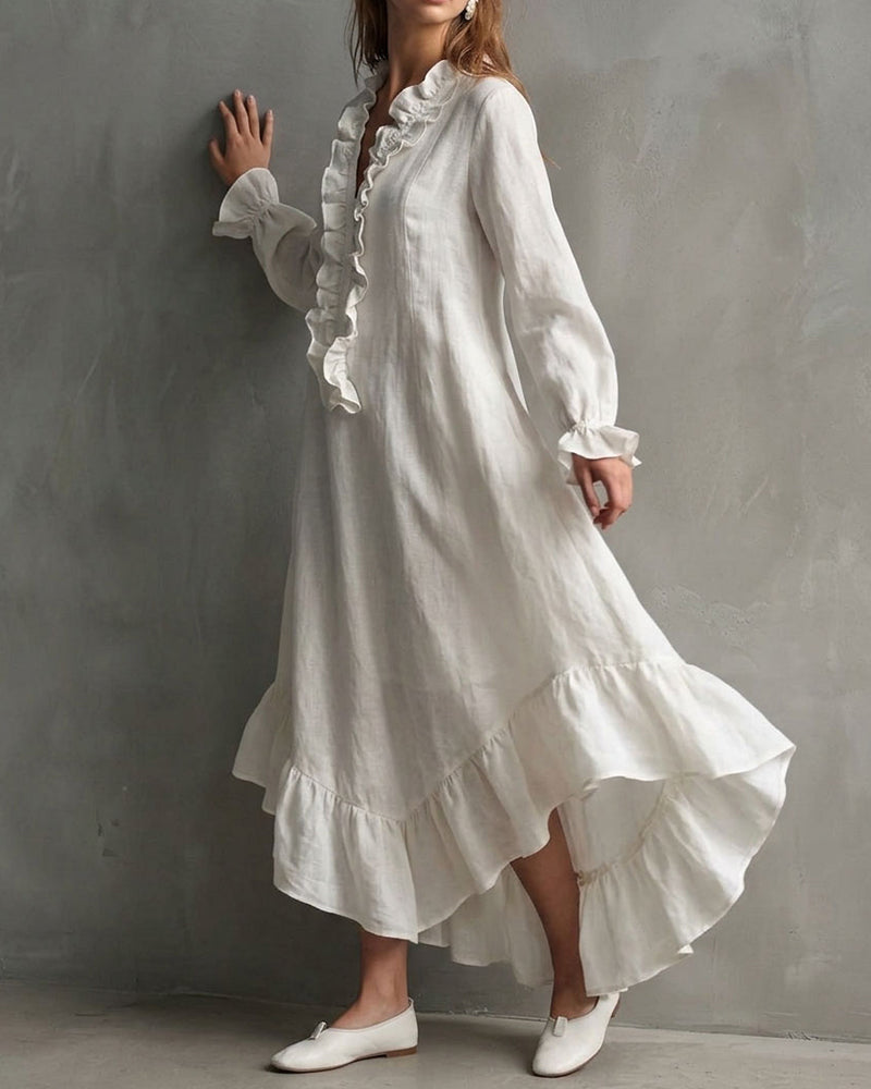 Robe Manches Longues Volant Encolure V Maxi