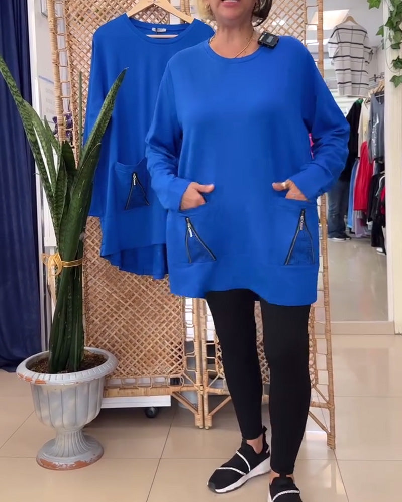 Sweat col rond couleur unie poche zippée