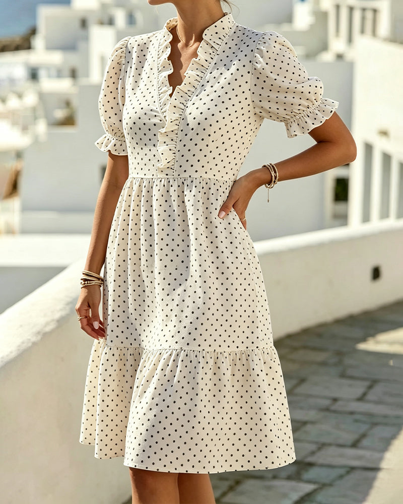 Robe Col V Dentelle Garniture Polka Dot