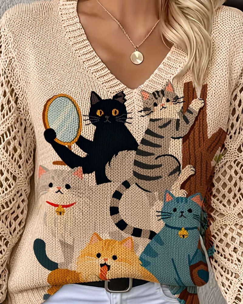 Pullover Col En V Évidé Dessin Animé Chat Imprimé