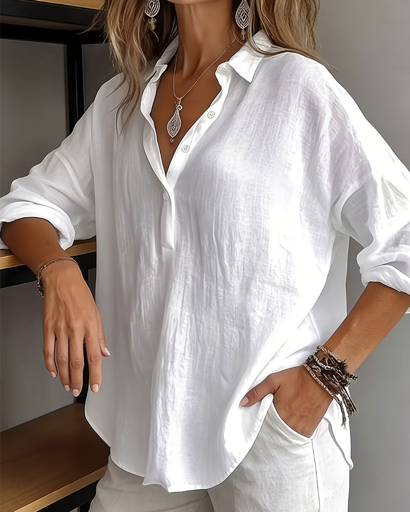 Blouse Unie Col Patte Demi-Patron Manches Longues