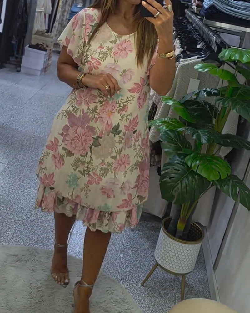 Robe Col Rond Florale Double Couche