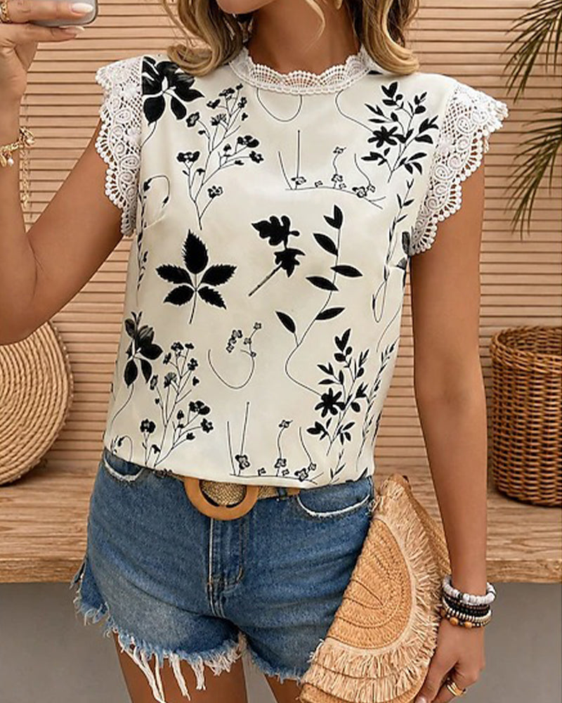 Blouse Dentelle Garniture Col Rond Sans Manches