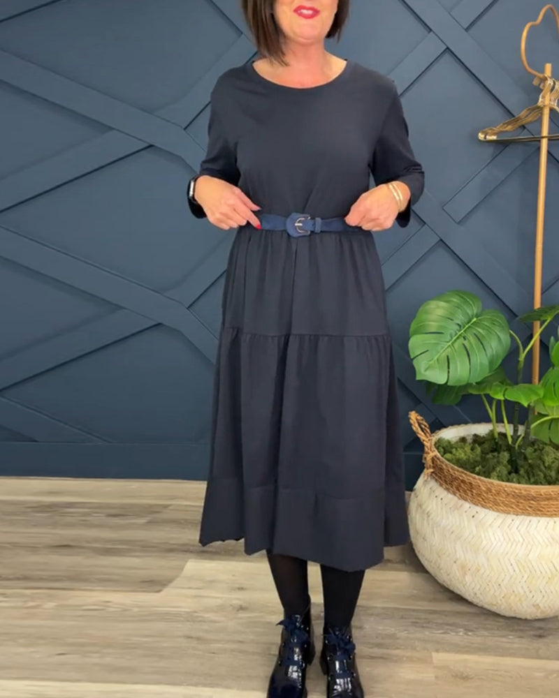 Robe décontractée de couleur unie à col rond et patchwork