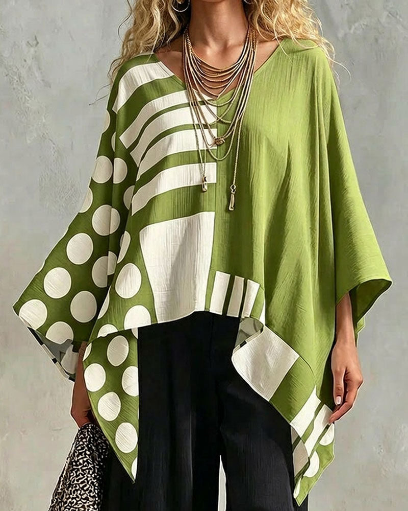Blouse Polka Dot Rayure Patchwork V Encollure