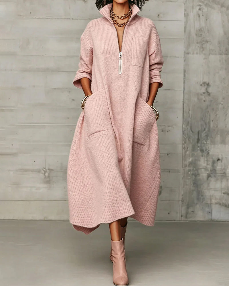 Robe Pull Demi-Zip Côtelée Poche