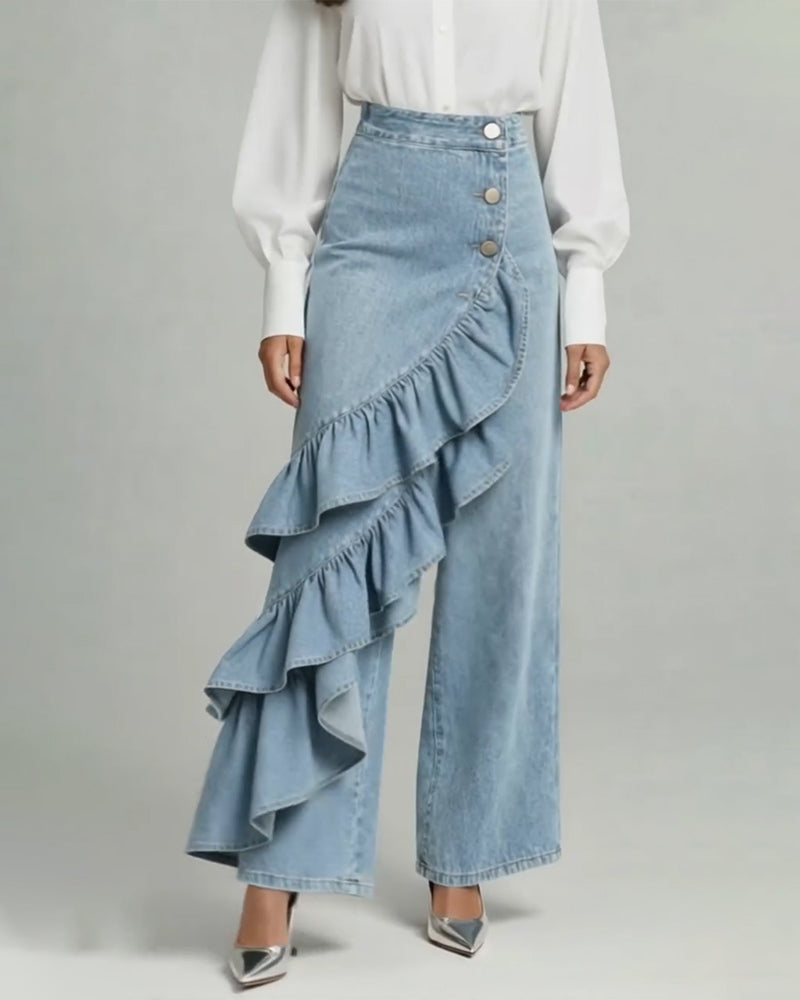 Pantalon En Denim Tendance Bord Volanté