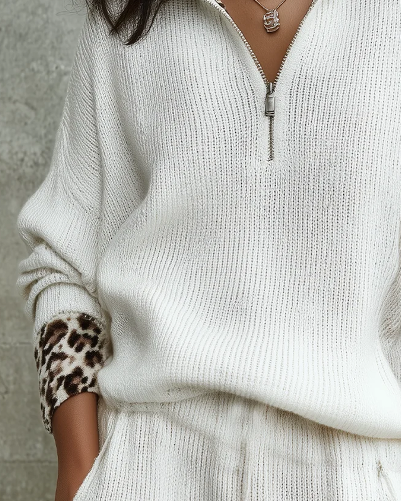Pull Col Rabattu Zip Imprimé Léopard Manches Longues