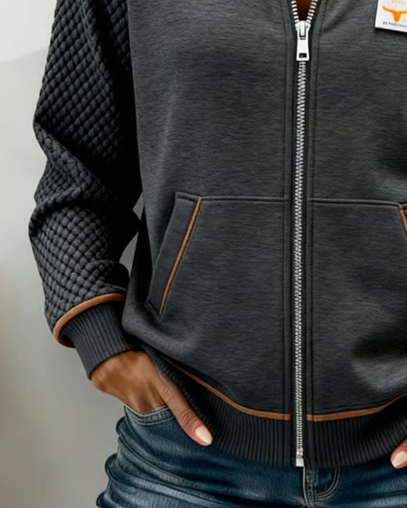 Manteau Fermeture Éclair Matelassé Diamant Patchwork Bloc De Couleur