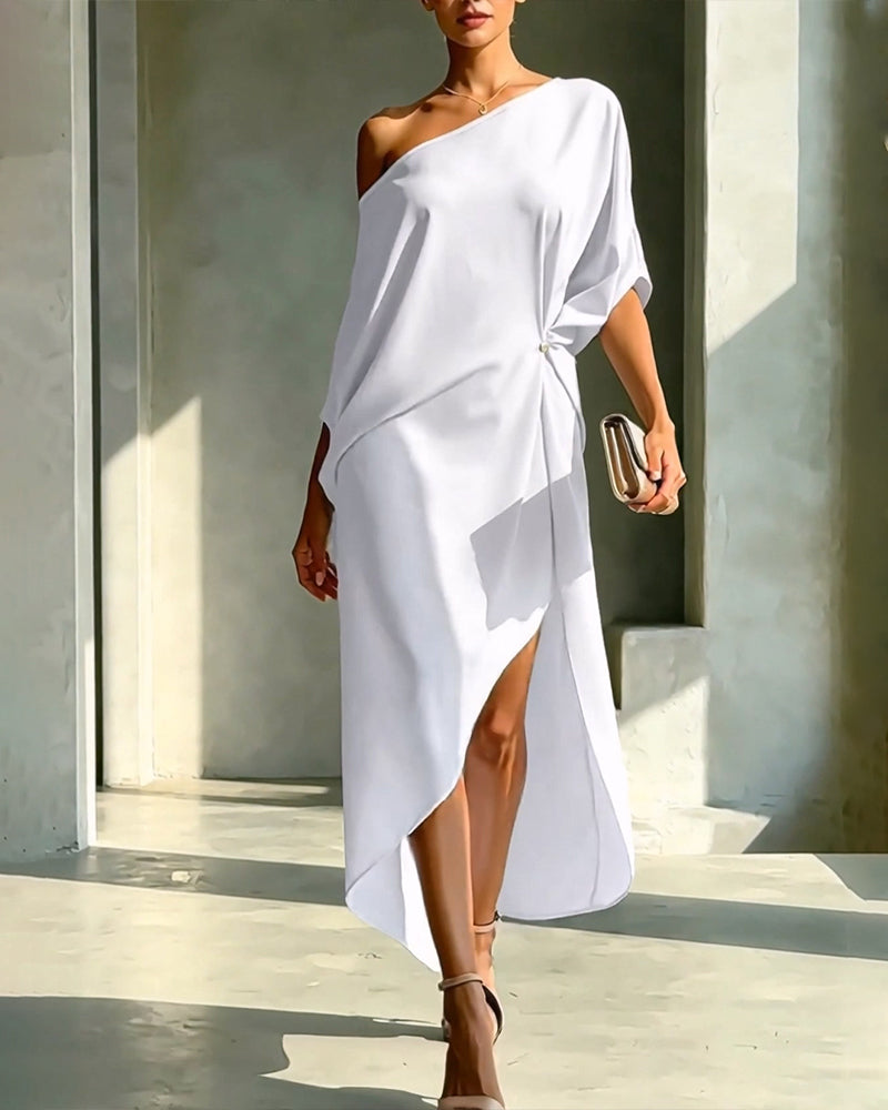 Robe Off-Épaule Froncée Irrégulière Unie