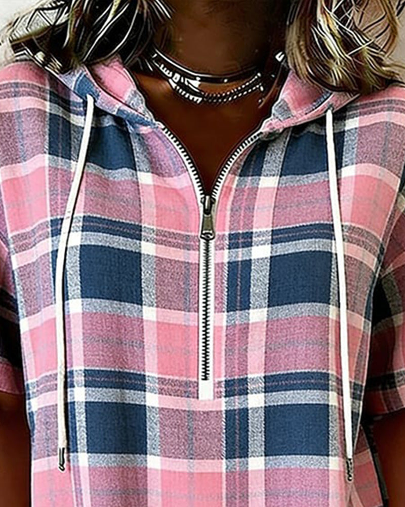 Haut Plaid Fermeture Éclair Capuche Manche-Trois-Quarts