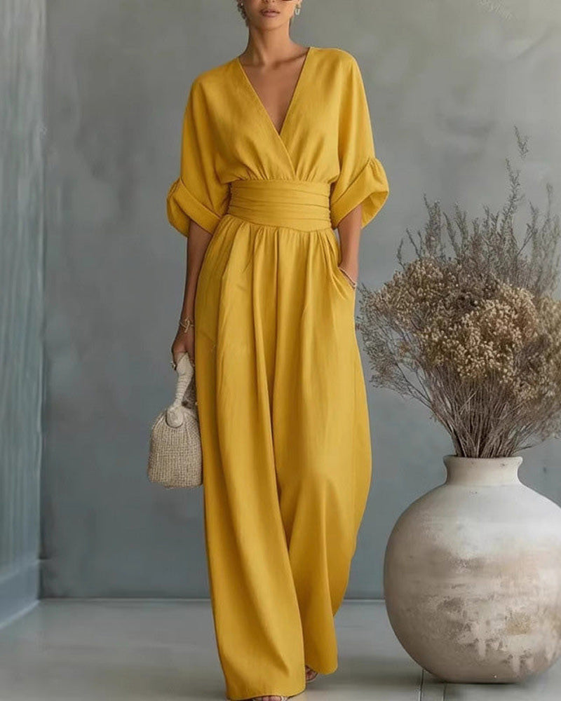Jumpsuit Col V Croisé Cintré Jambe Large