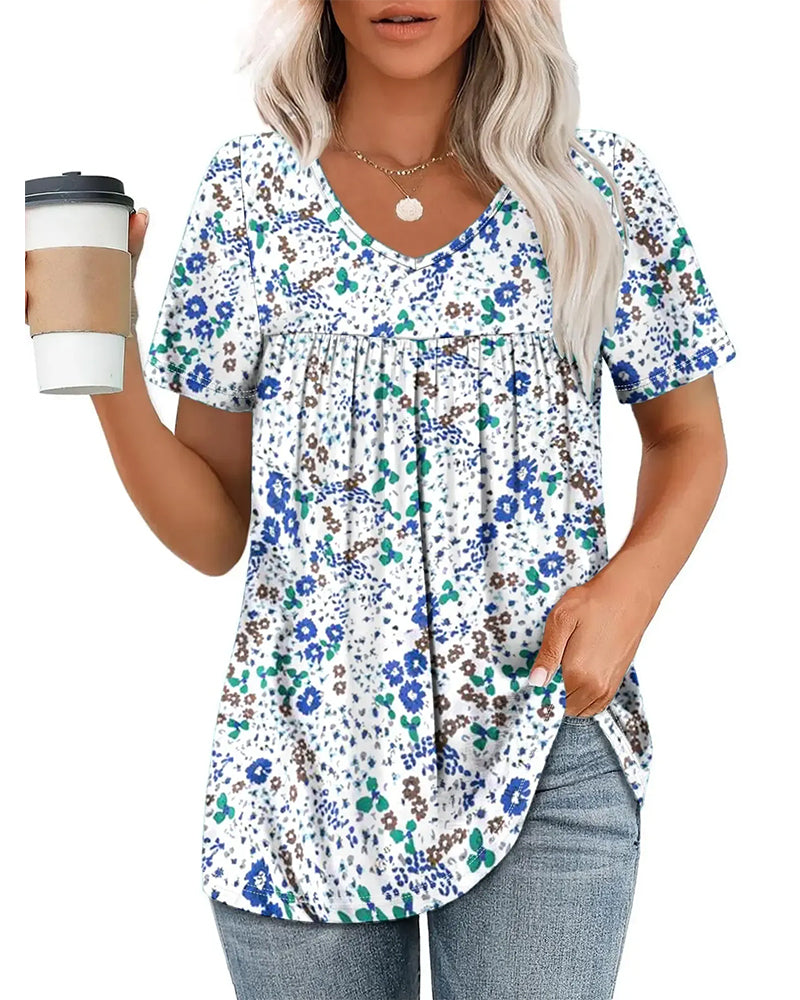 Blouse Fleurie Col V Manches Courtes