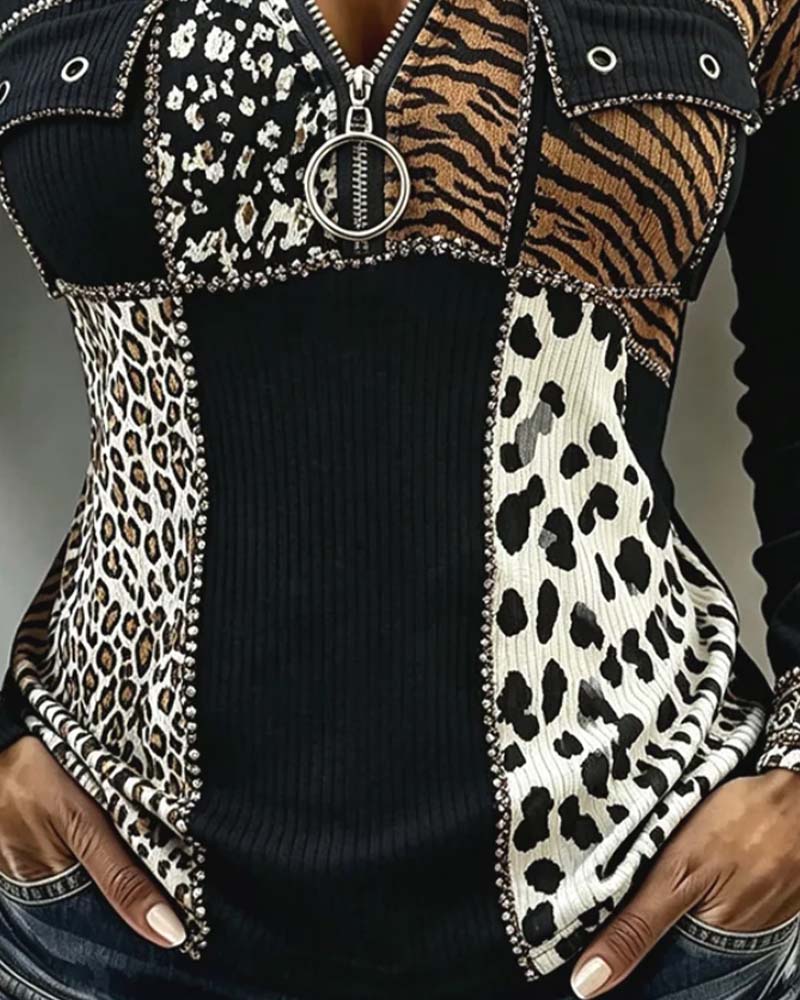 Haut Léopard Patchwork Demi Fermeture Éclair Capuche