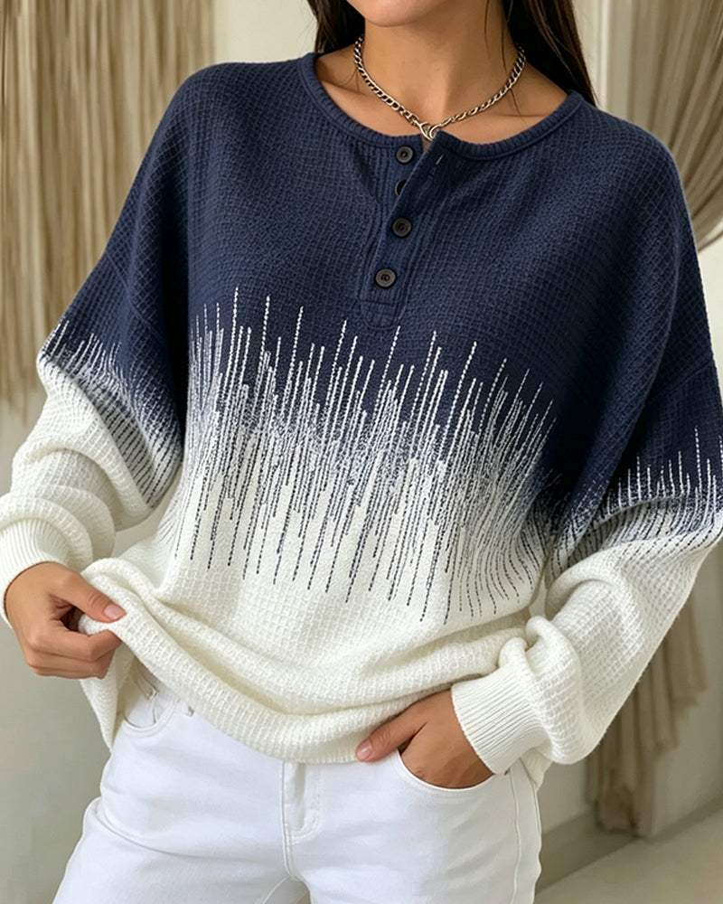 Sweatshirt Col Rond Bouton Tricot Gaufré Bloc De Couleur