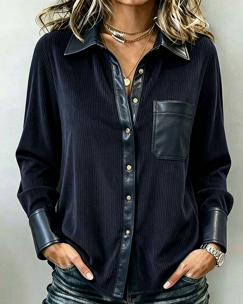 Chemise Velours Côtelé PU Patchwork Revers